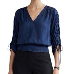 Philosophy Navy V-Neck Satin Blouson Top ruched sleeves chic interview outfit